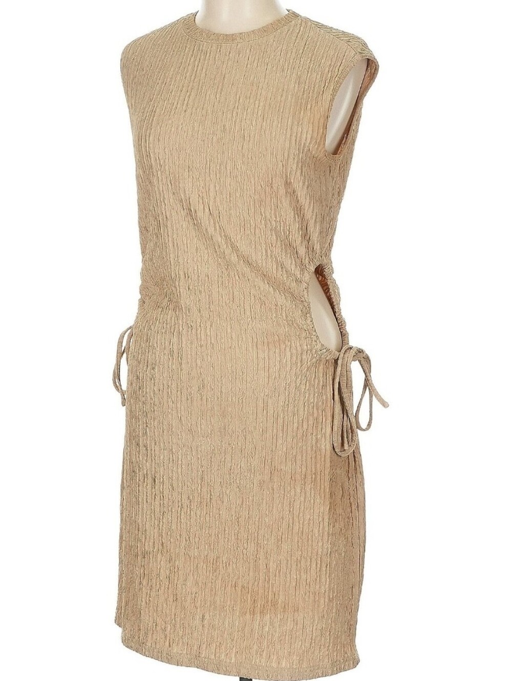 Textured Knit Sleeveless Cutout Mini Dress, L, Shimmery Tan